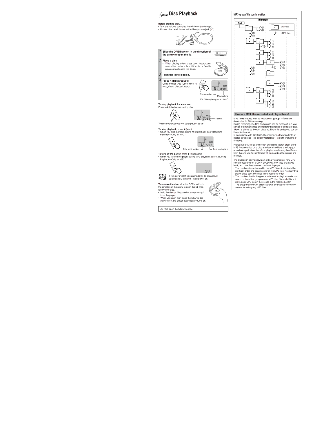 JVC XL-PM1 instruction manual Disc Playback, Hierarchy, Push the lid to close it, Press 6play/pause 