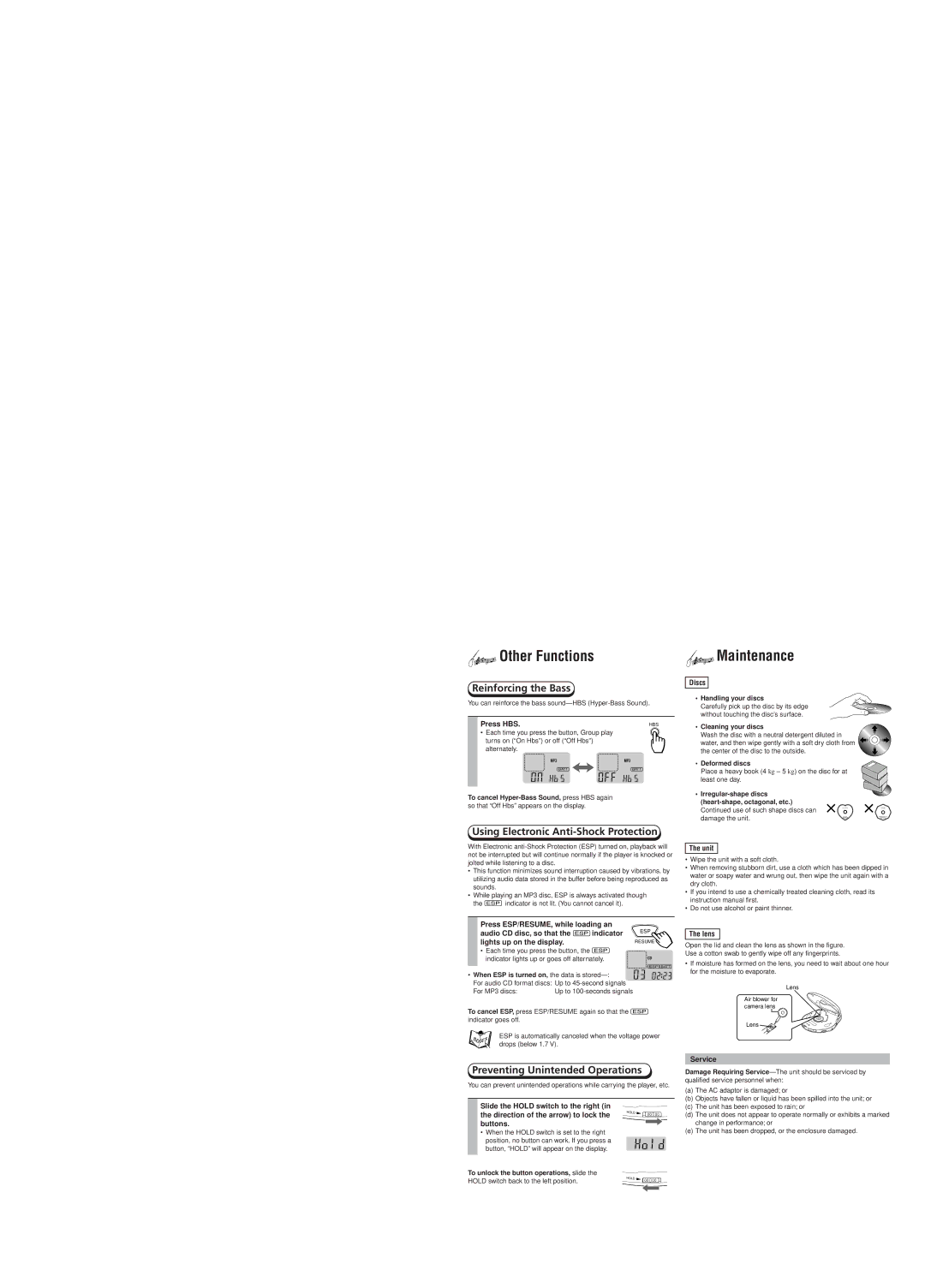 JVC XL-PM1 instruction manual Other Functions, Maintenance, Reinforcing the Bass, Using Electronic Anti-Shock Protection 