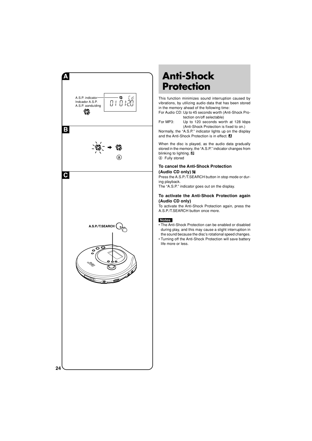 JVC XL-PM20SL manual To cancel the Anti-Shock Protection Audio CD only 