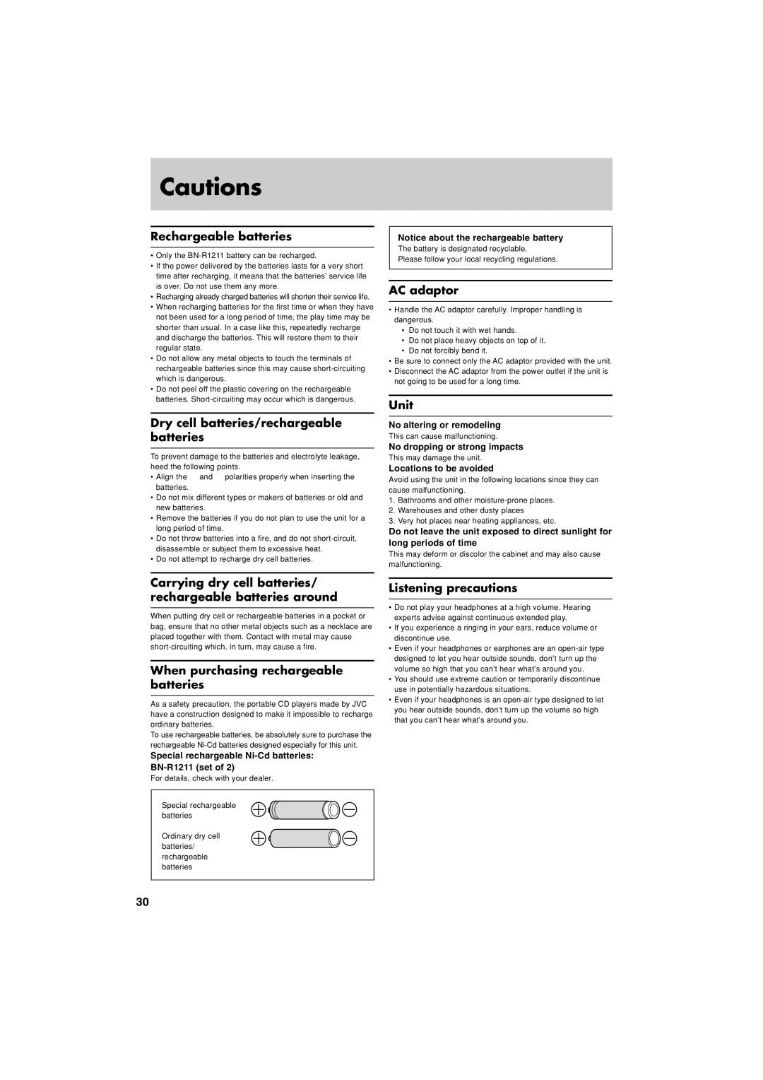 JVC XL-PM20SL Rechargeable batteries, Dry cell batteries/rechargeable batteries, AC adaptor, Unit, Listening precautions 