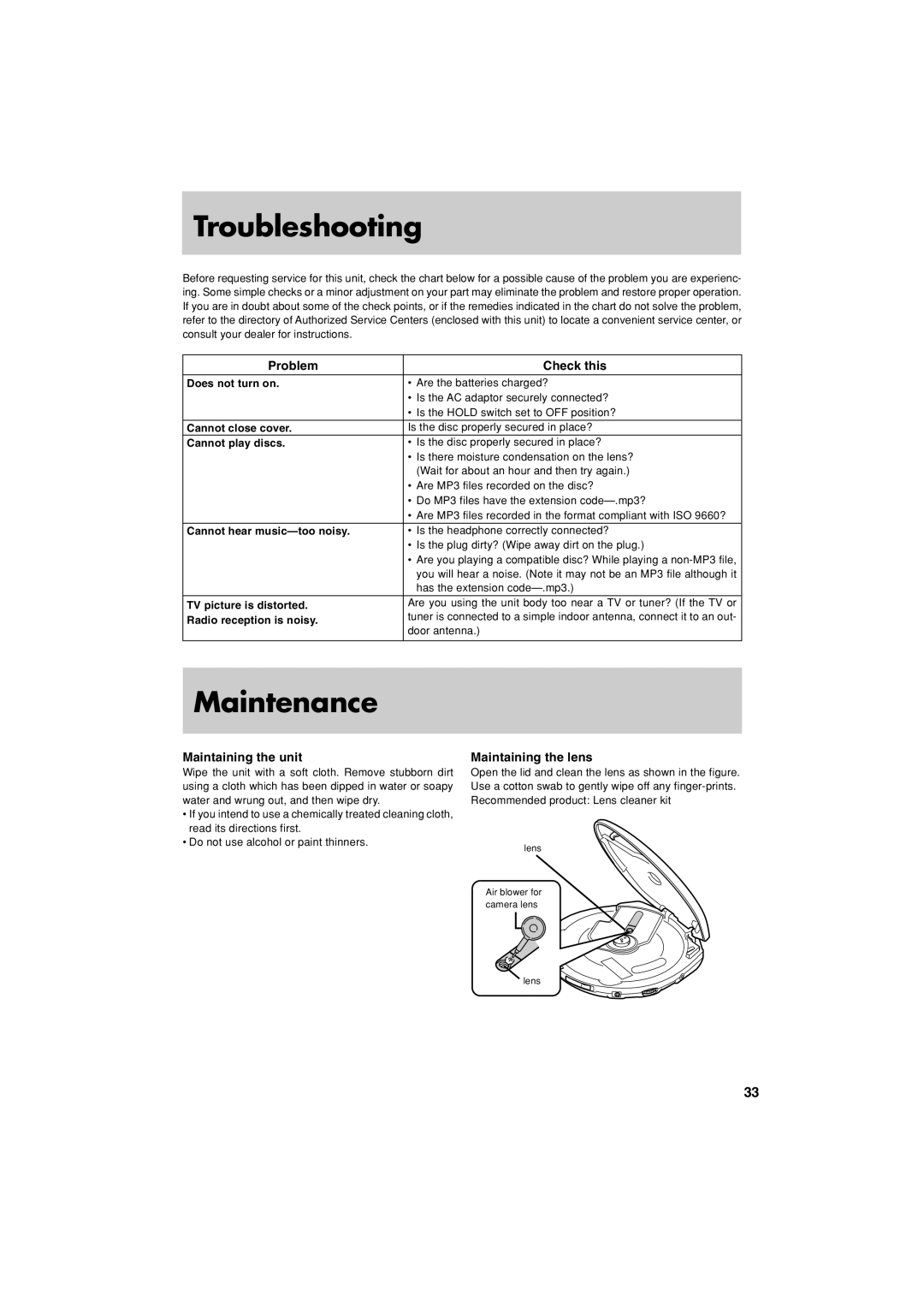 JVC XL-PM20SL manual Troubleshooting, Maintenance, Problem Check this, Maintaining the unit, Maintaining the lens 