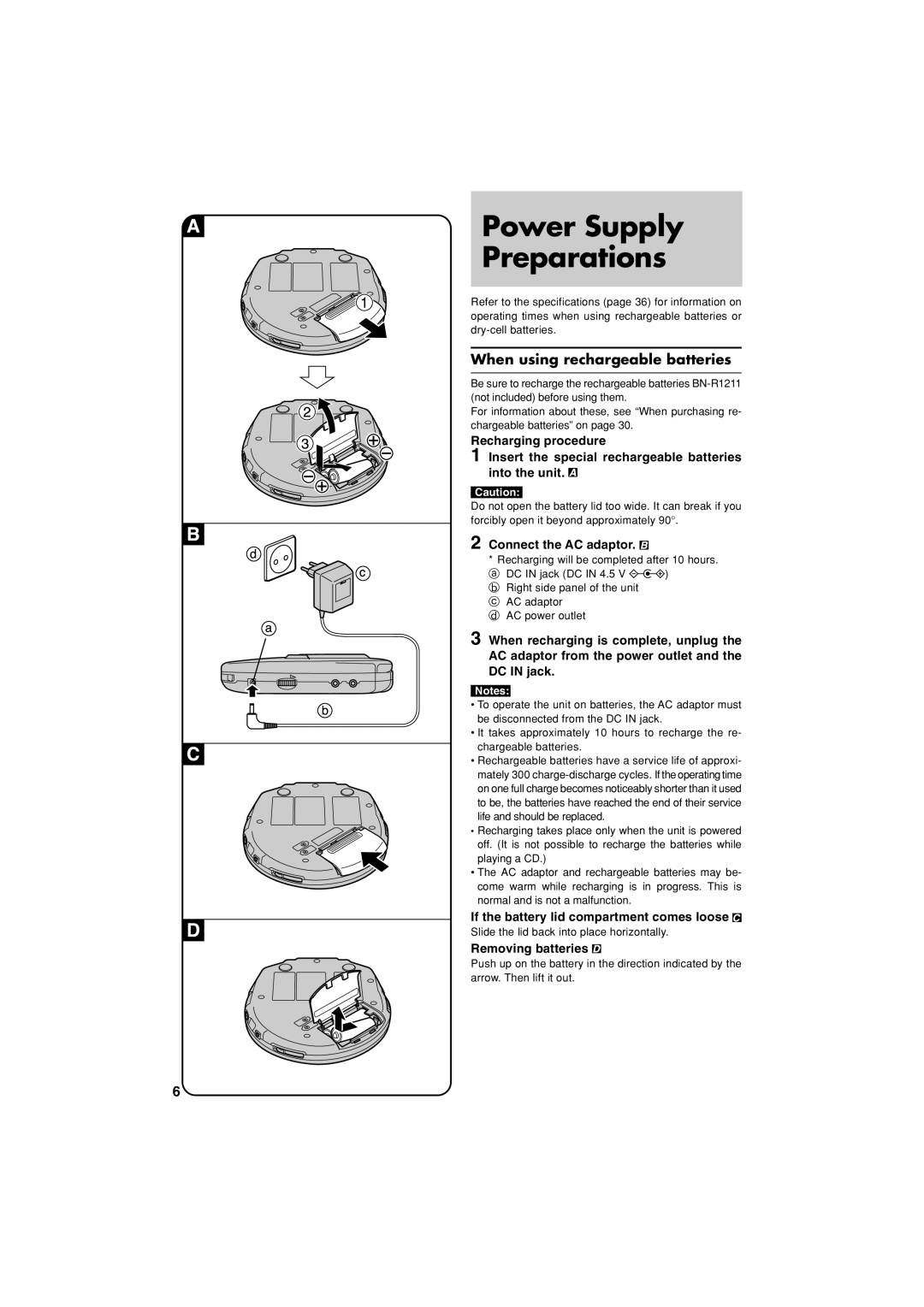 JVC XL-PM20SL Power Supply Preparations, When using rechargeable batteries, Connect the AC adaptor, Removing batteries 