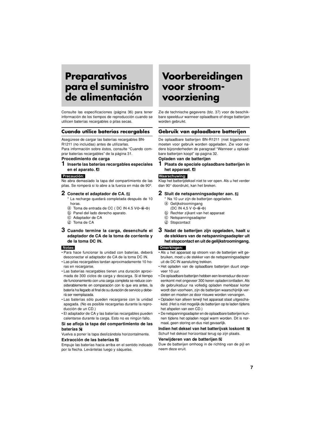 JVC XL-PM20SL manual Cuando utilice baterías recargables, Gebruik van oplaadbare batterijen 