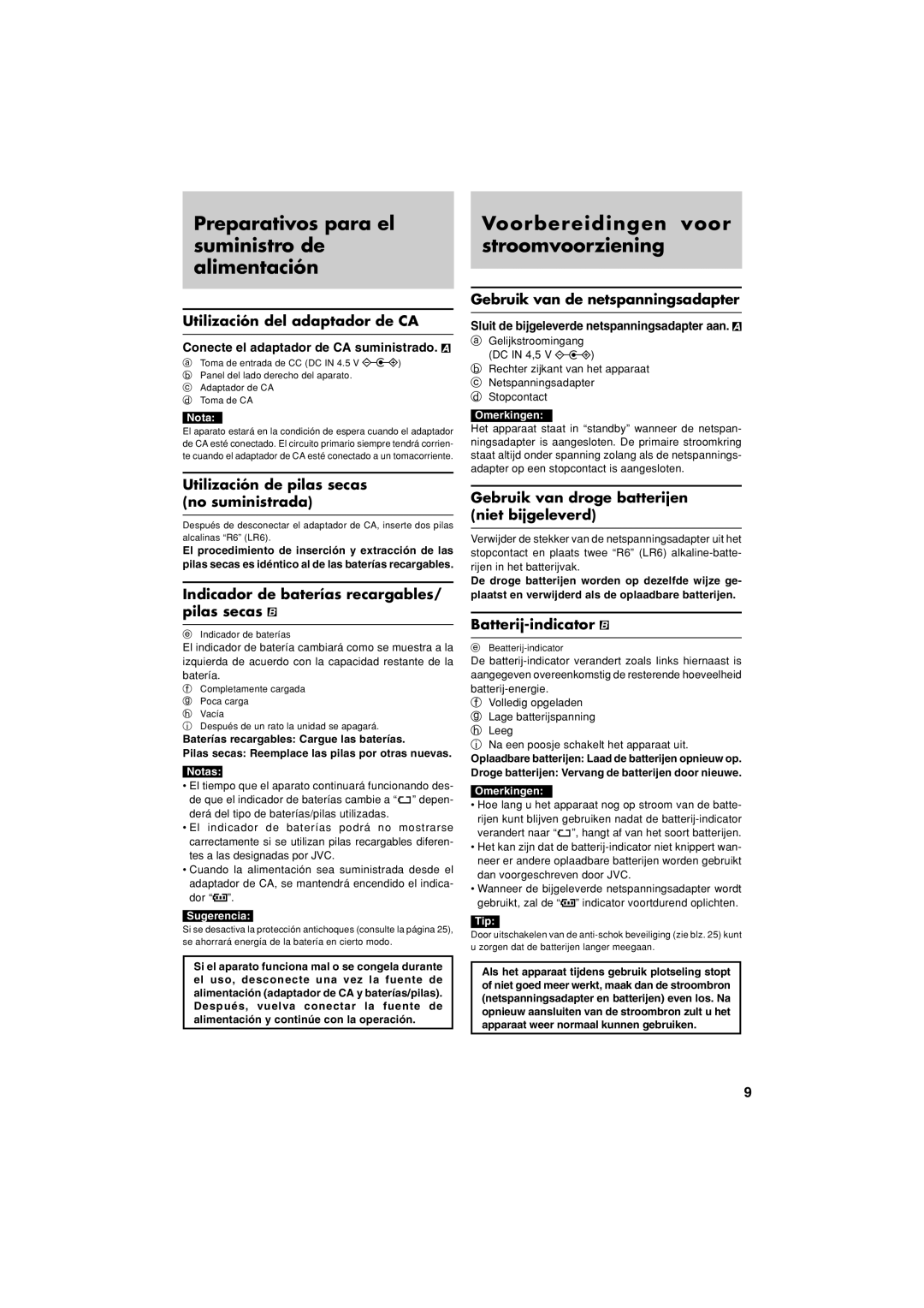 JVC XL-PM20SL manual Preparativos para el suministro de alimentación, Voorbereidingen voor stroomvoorziening 