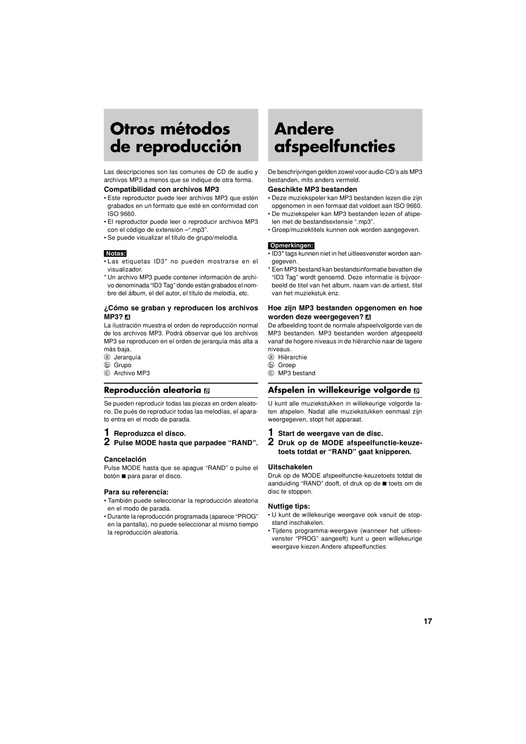 JVC XL-PM20SL manual Otros métodos, Andere, de reproducción, afspeelfuncties, Reproducción aleatoria 