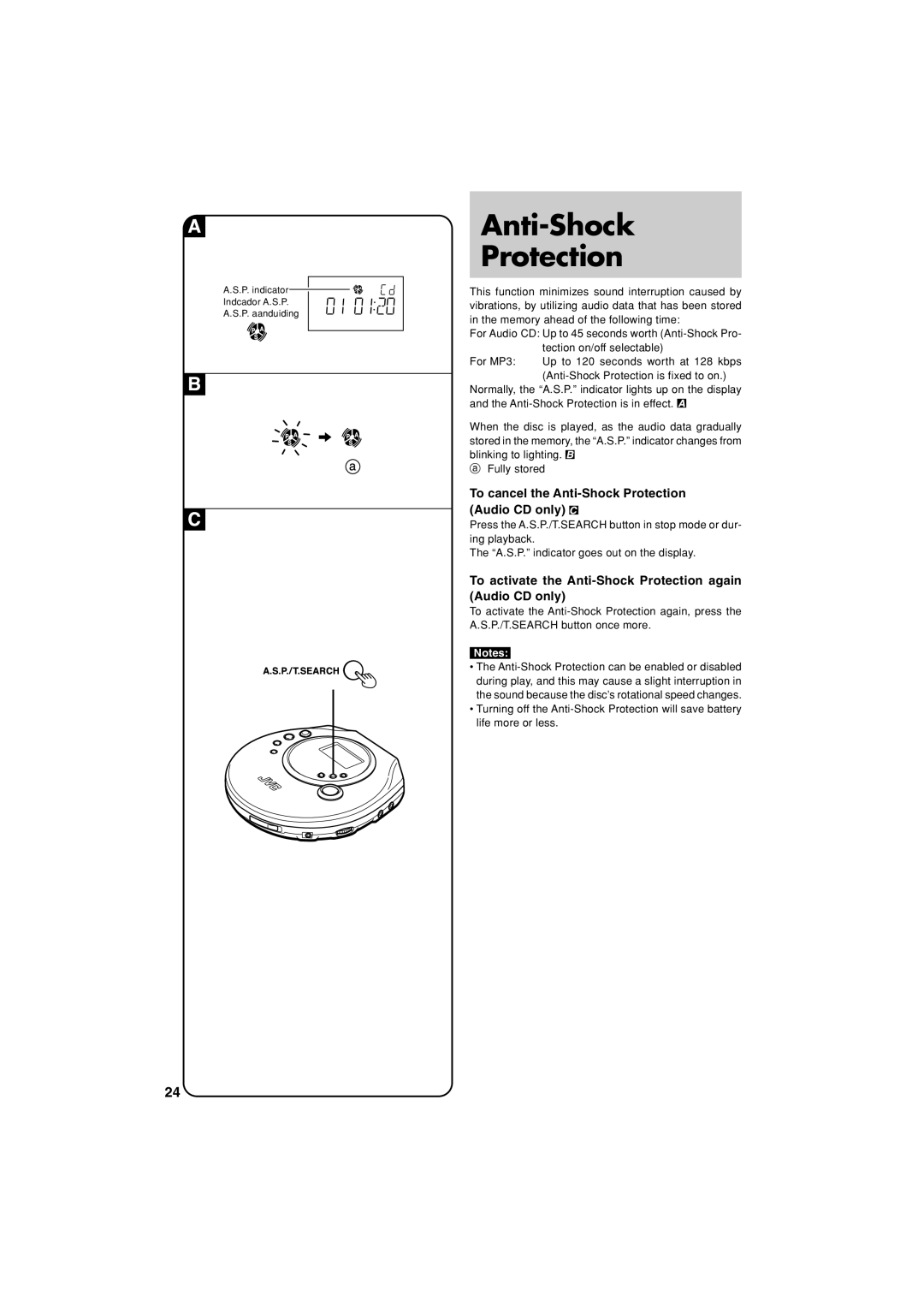 JVC XL-PM20SL manual Anti-Shock Protection, A.S.P./T.Search 