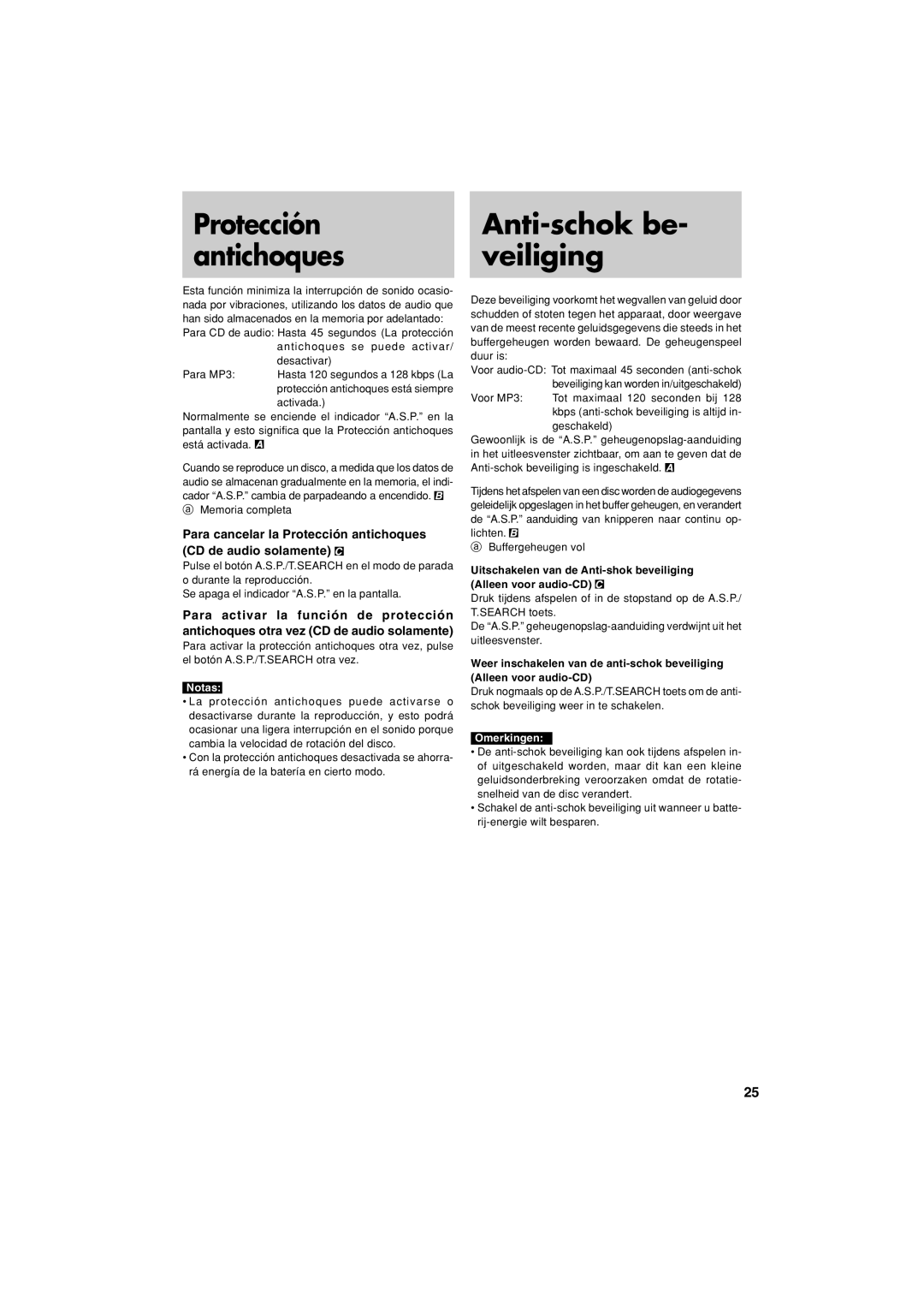 JVC XL-PM20SL manual Anti-schokbe- veiliging, Protección antichoques 