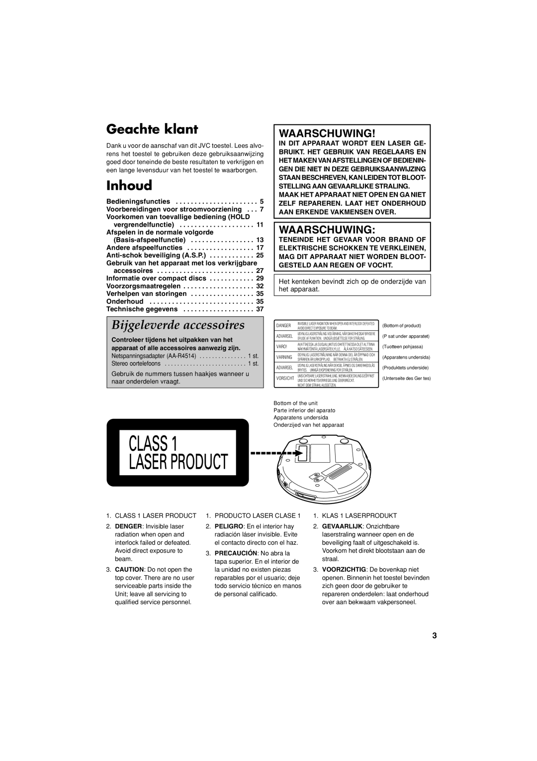 JVC XL-PM20SL manual Geachte klant, Inhoud, Bijgeleverde accessoires, Waarschuwing 