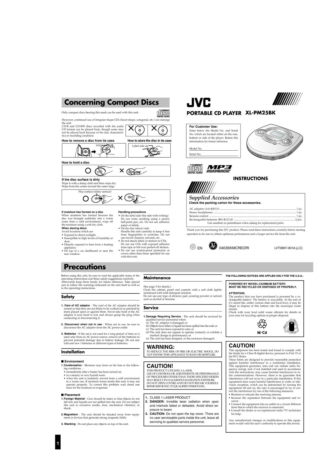 JVC XL-PM25BKC operating instructions Concerning Compact Discs, Precautions 