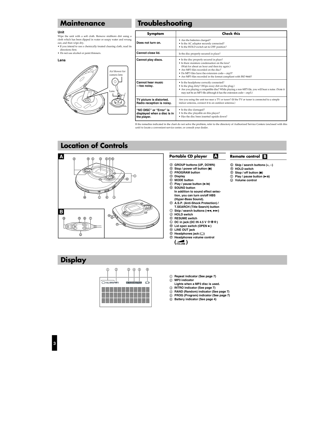 JVC XL-PM25BKC Maintenance, Troubleshooting, Location of Controls Display, Portable CD player a, Remote control B 