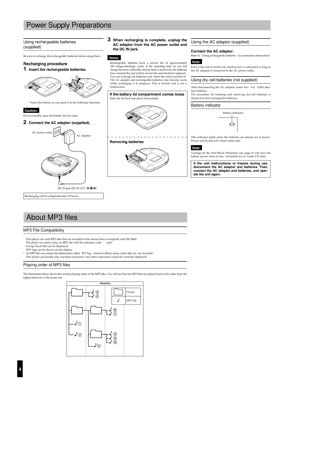 JVC XL-PM25BKC operating instructions Power Supply Preparations, About MP3 files, Recharging procedure 