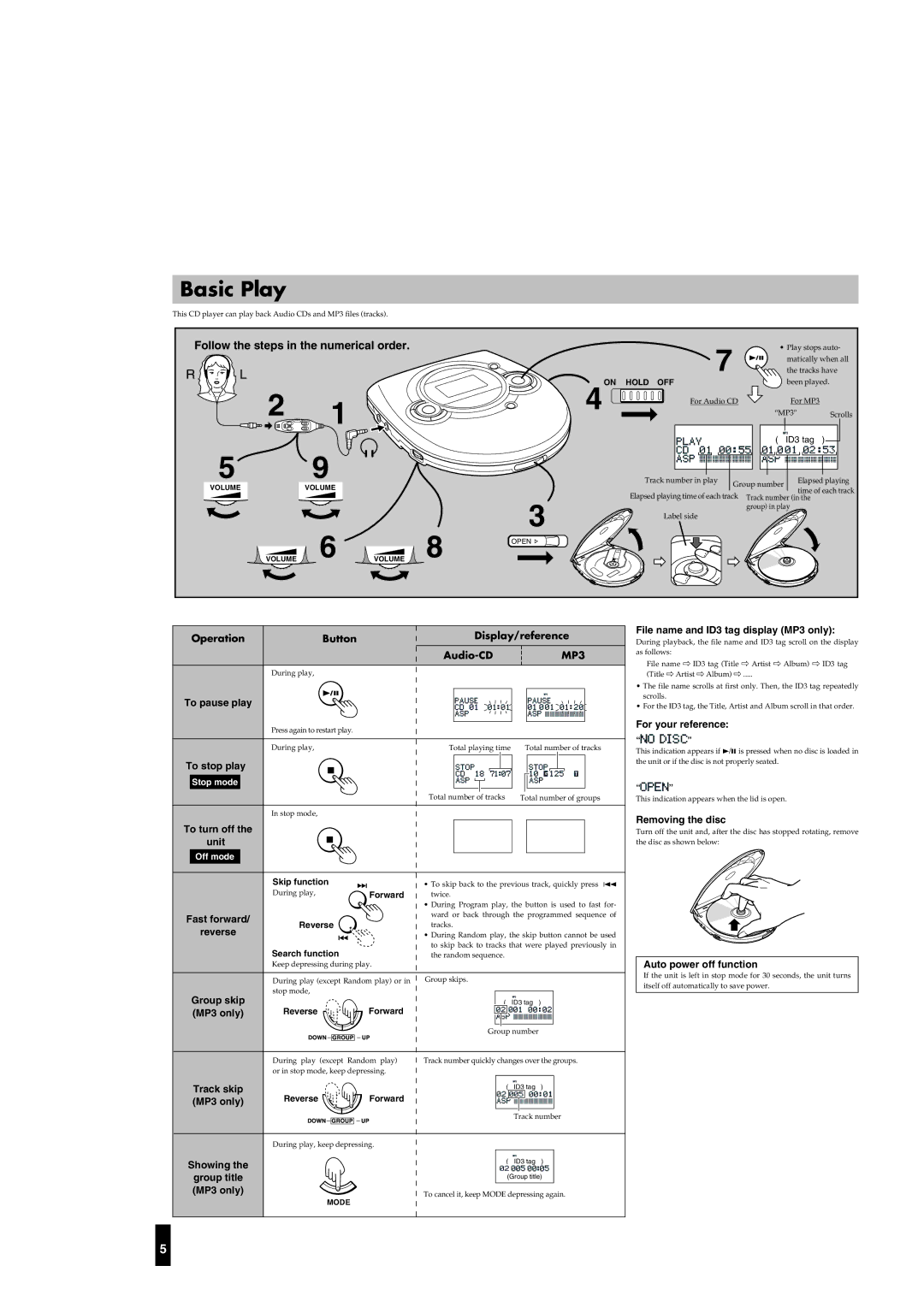 JVC XL-PM25BKC Follow the steps in the numerical order, Operation Button Display/reference Audio-CD, MP3, To pause play 