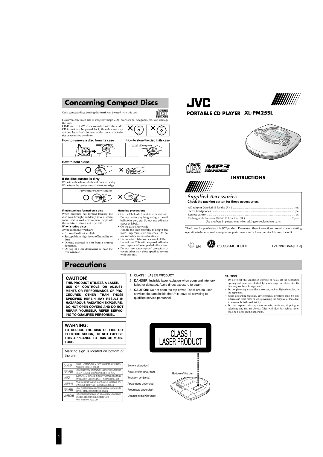 JVC XL-PM25SL user service Concerning Compact Discs, Precautions, How to remove a disc from its case 