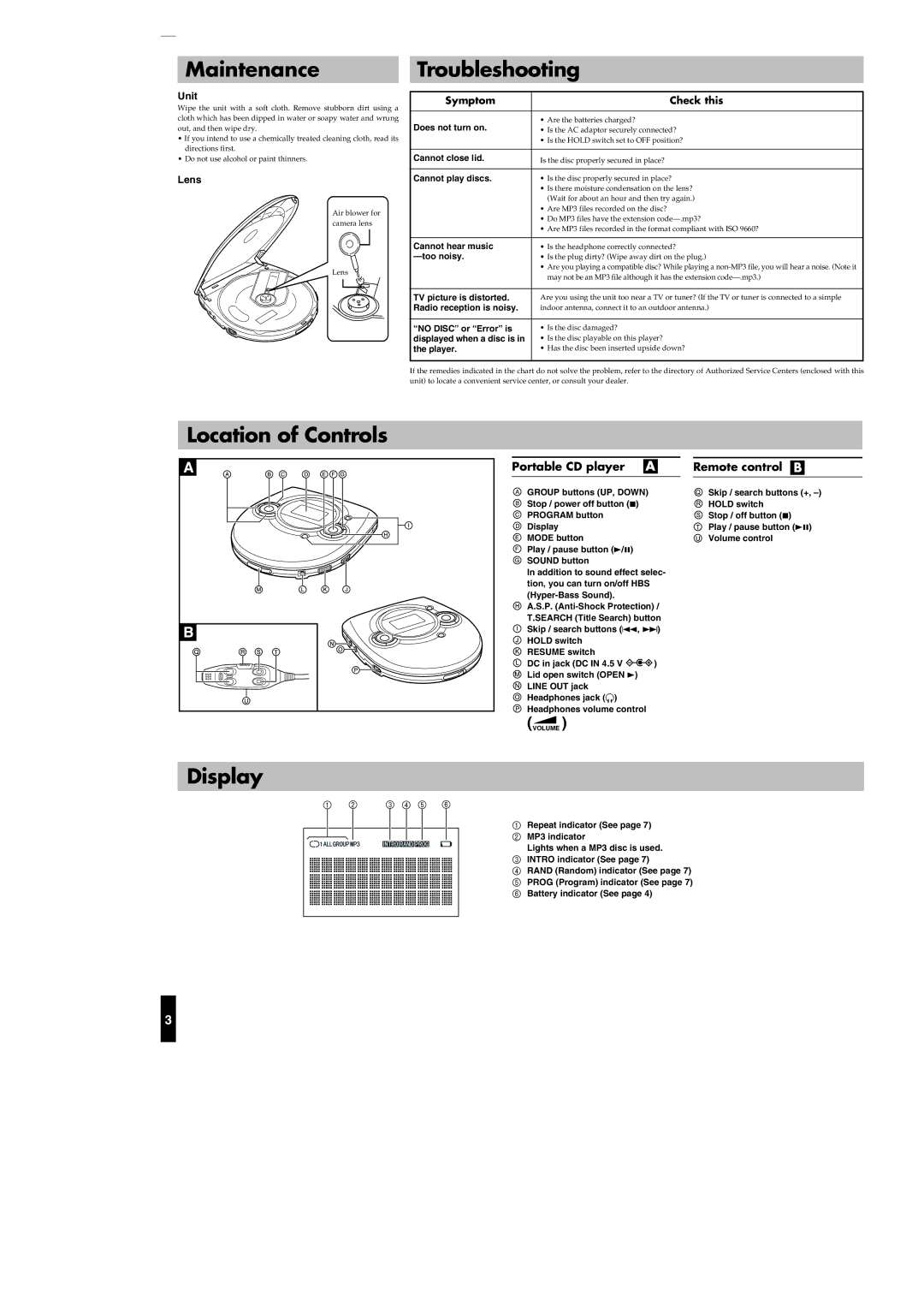 JVC XL-PM25SL Maintenance Troubleshooting, Display, Portable CD player a Remote control B, Unit Symptom Check this, Lens 