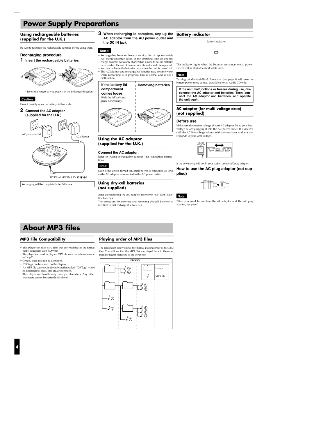 JVC XL-PM25SL user service Power Supply Preparations, About MP3 files, Recharging procedure 