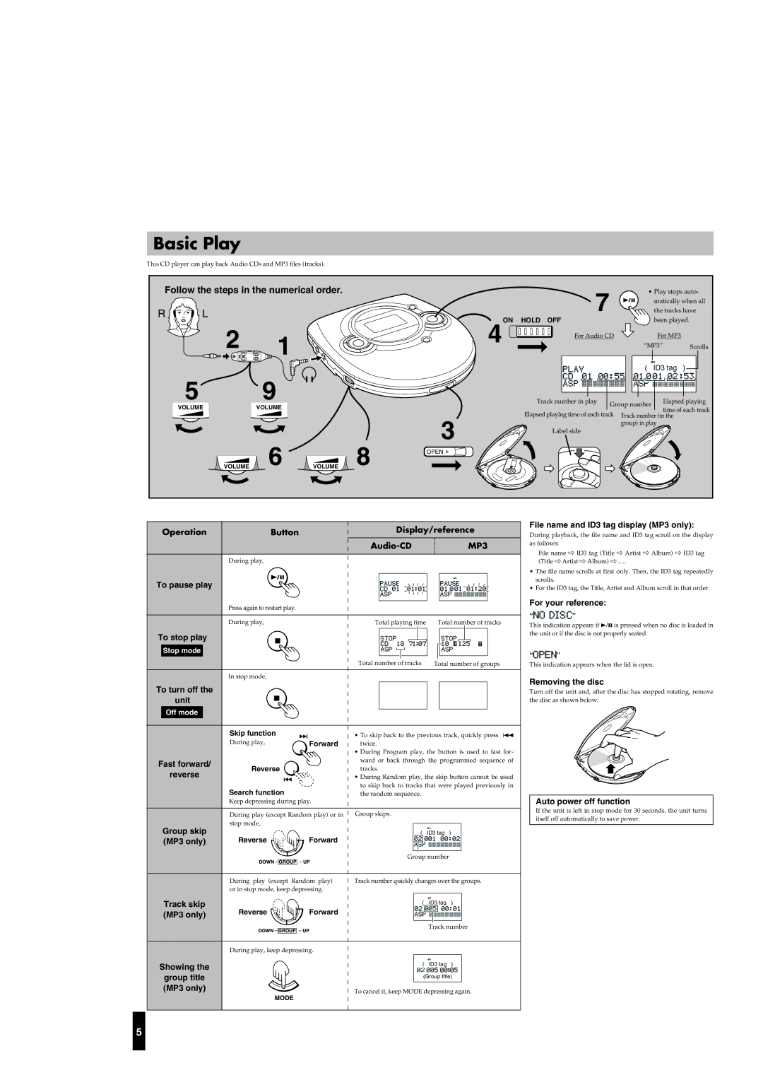 JVC XL-PM25SL user service Basic Play, Follow the steps in the numerical order, MP3 