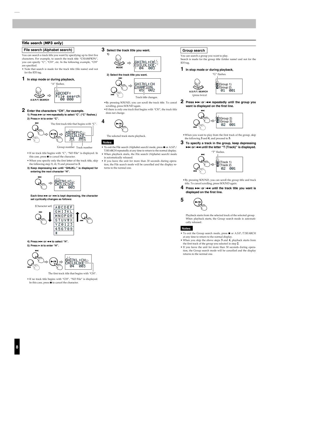 JVC XL-PM25SL Title search MP3 only File search Alphabet search, Group search, Enter the characters CH, for example 