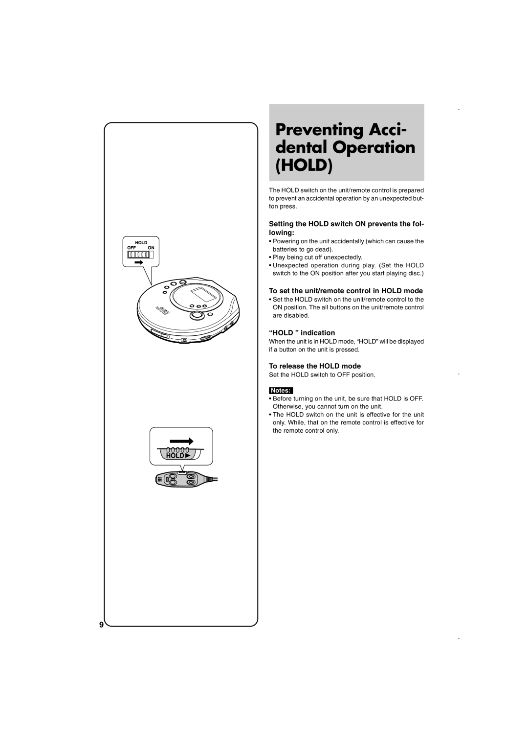 JVC XL-PM30SL Preventing Acci- dental Operation Hold, Setting the Hold switch on prevents the fol- lowing, Hold indication 