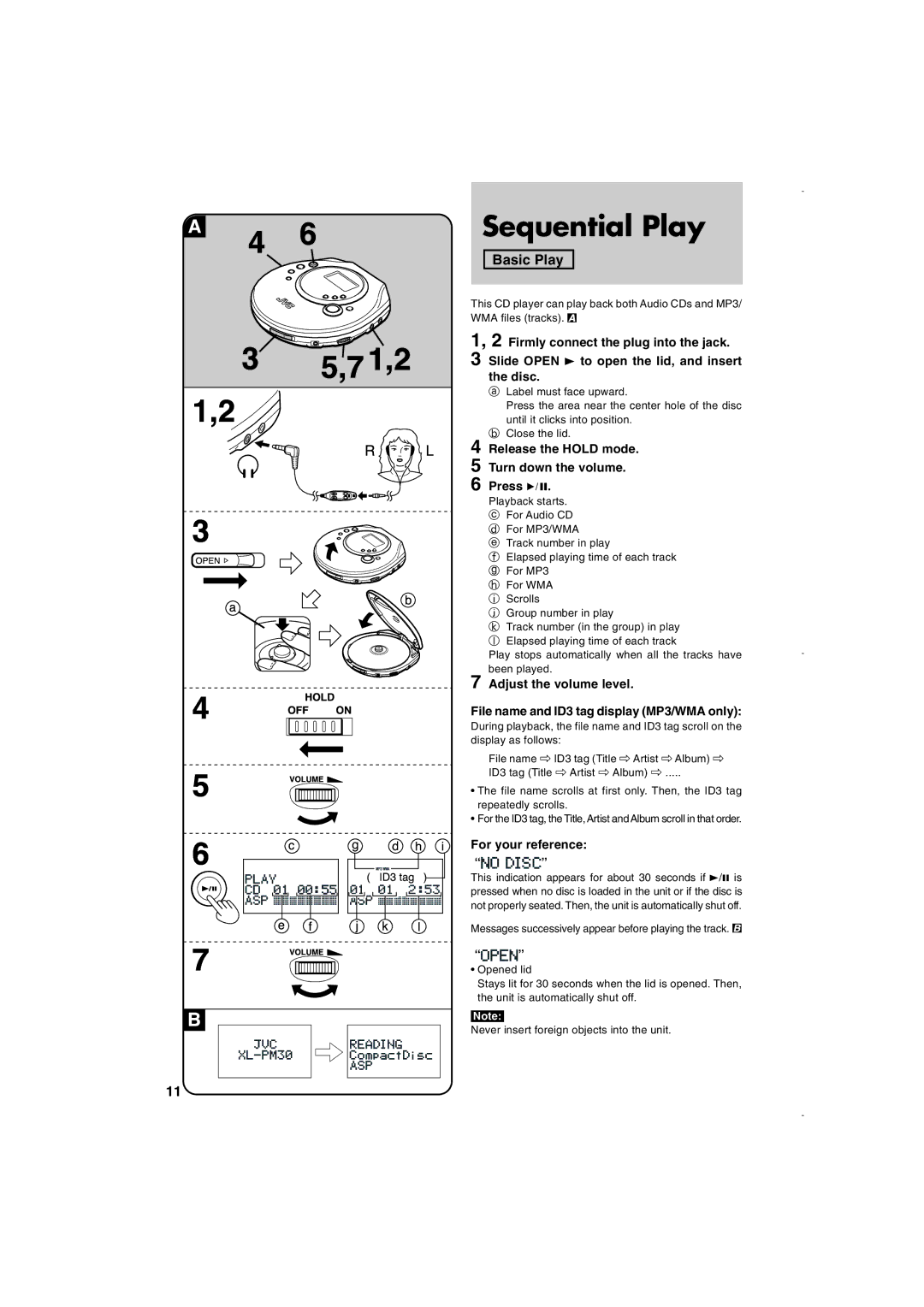 JVC XL-PM30SL operating instructions Sequential Play, Slide Open 3 to open the lid, and insert the disc, For your reference 