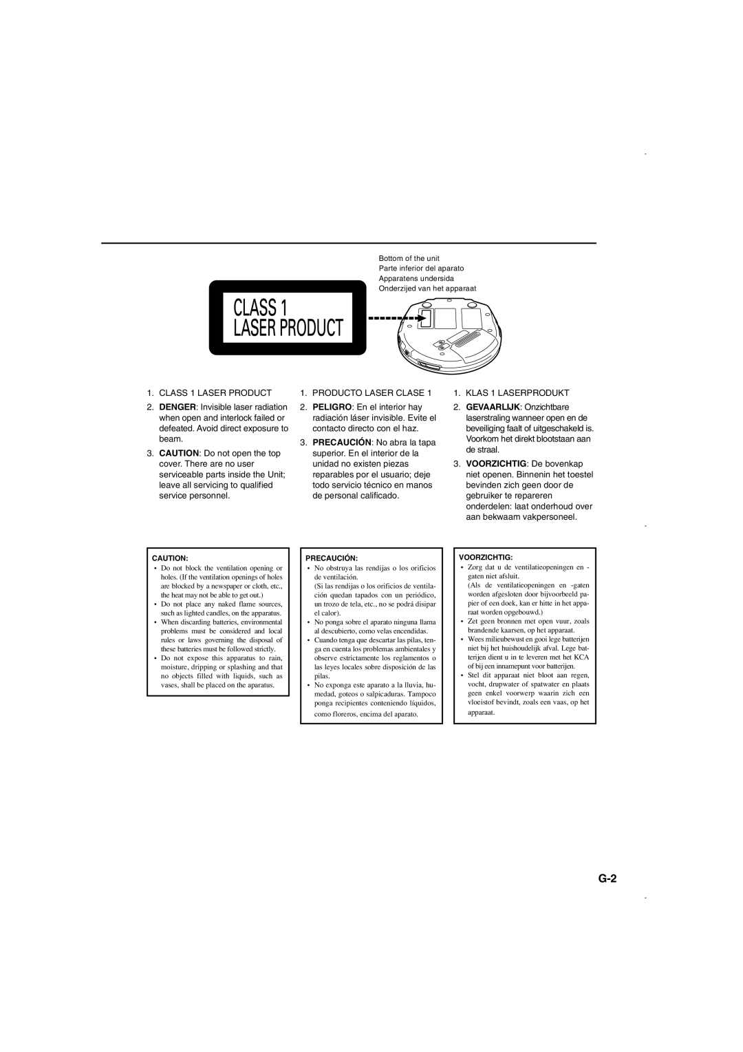 JVC XL-PM30SL operating instructions Class 1 Laser Product 