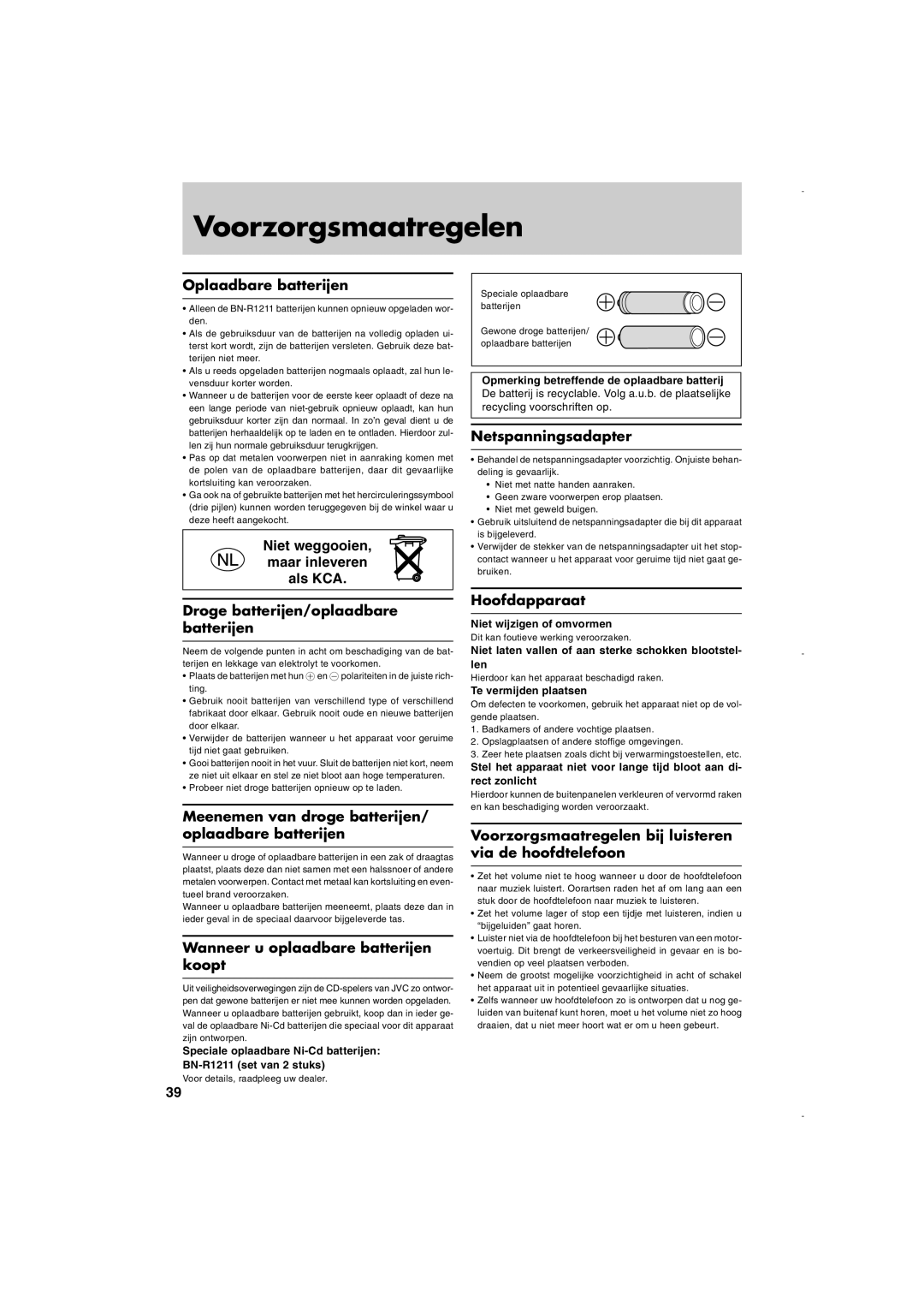 JVC XL-PM30SL operating instructions Voorzorgsmaatregelen 