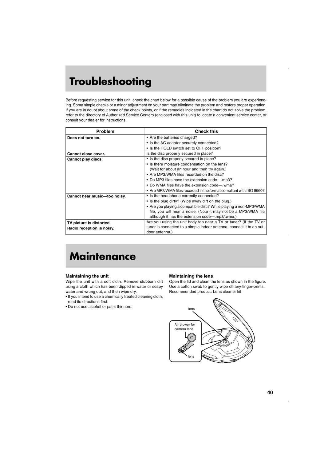 JVC XL-PM30SL Troubleshooting, Maintenance, Problem Check this, Maintaining the unit, Maintaining the lens 