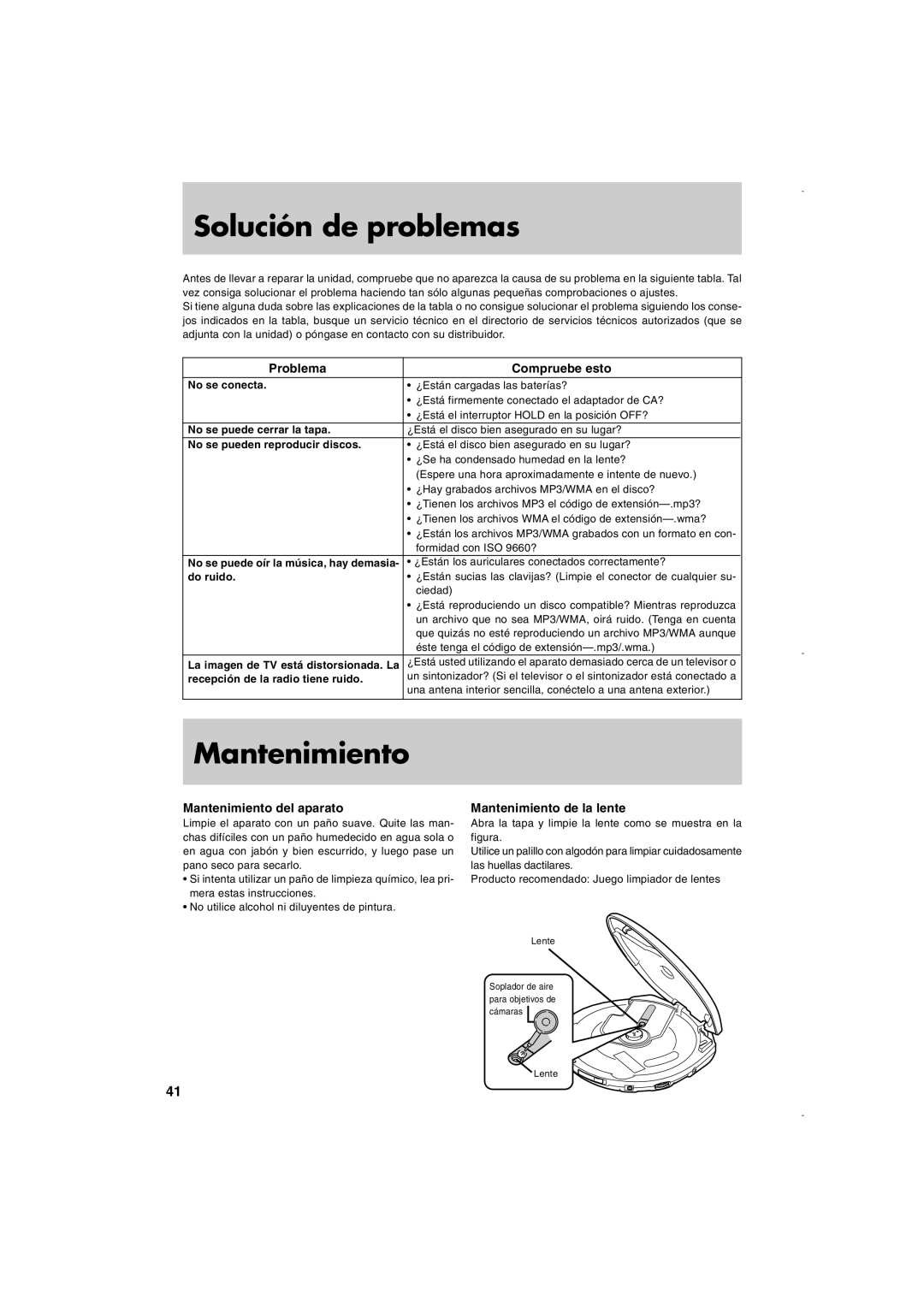 JVC XL-PM30SL Solución de problemas, Problema Compruebe esto, Mantenimiento del aparato, Mantenimiento de la lente 