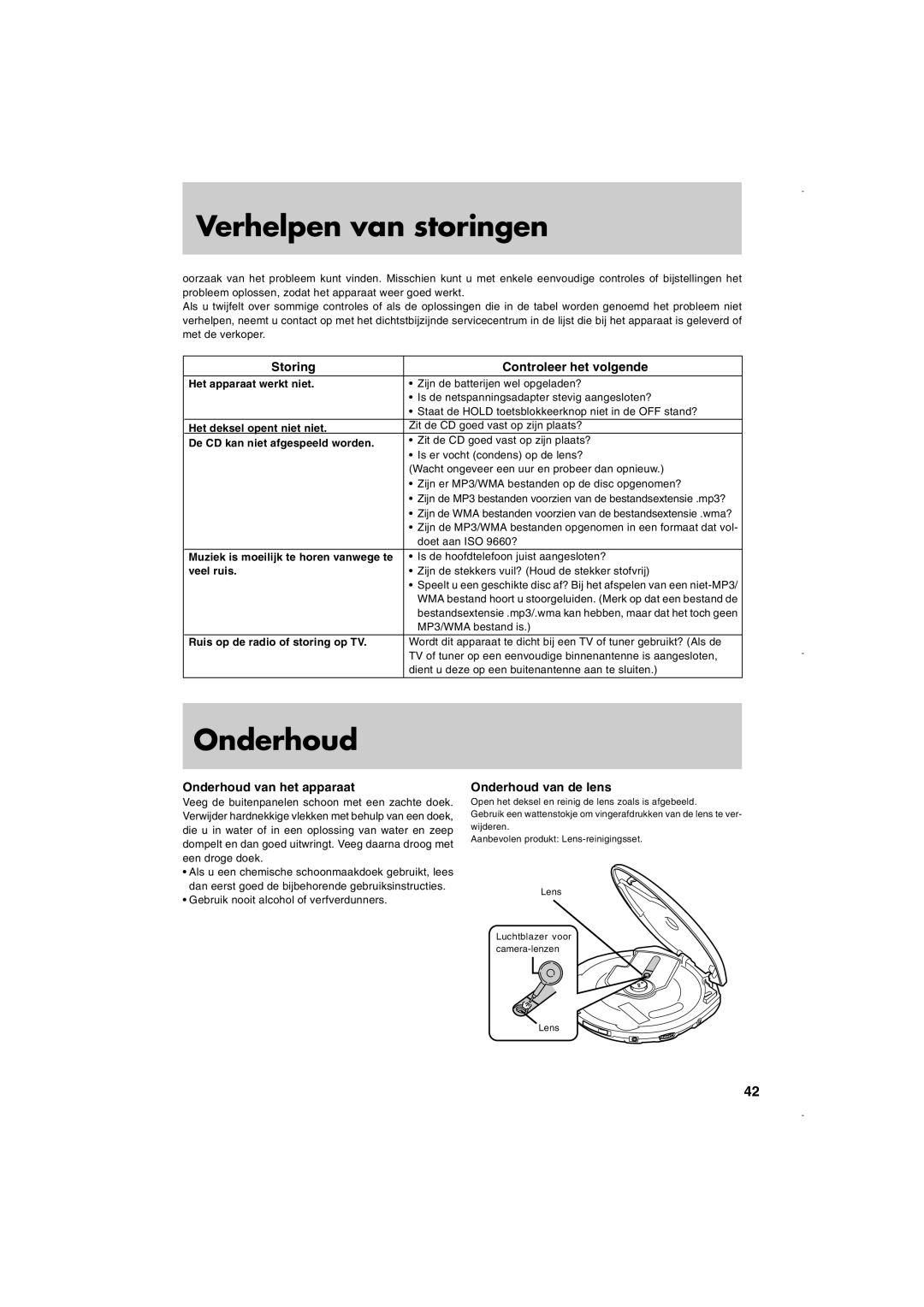 JVC XL-PM30SL Verhelpen van storingen, Storing Controleer het volgende, Onderhoud van het apparaat 