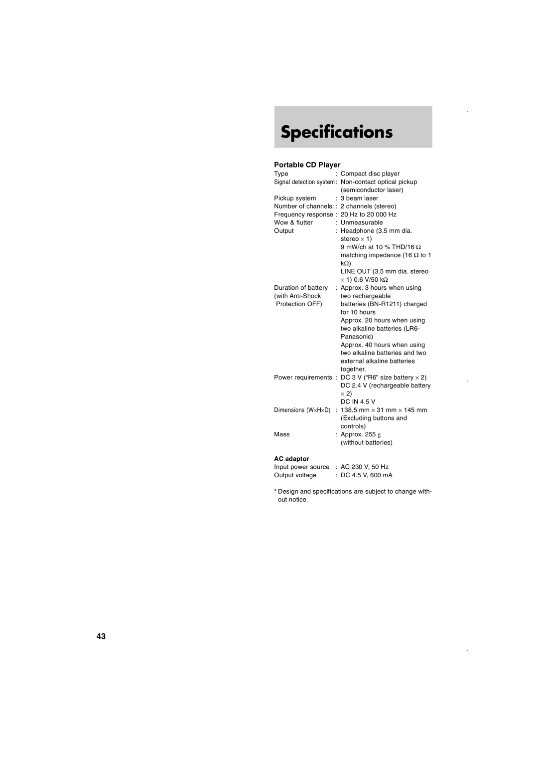 JVC XL-PM30SL operating instructions Specifications, Portable CD Player, AC adaptor 