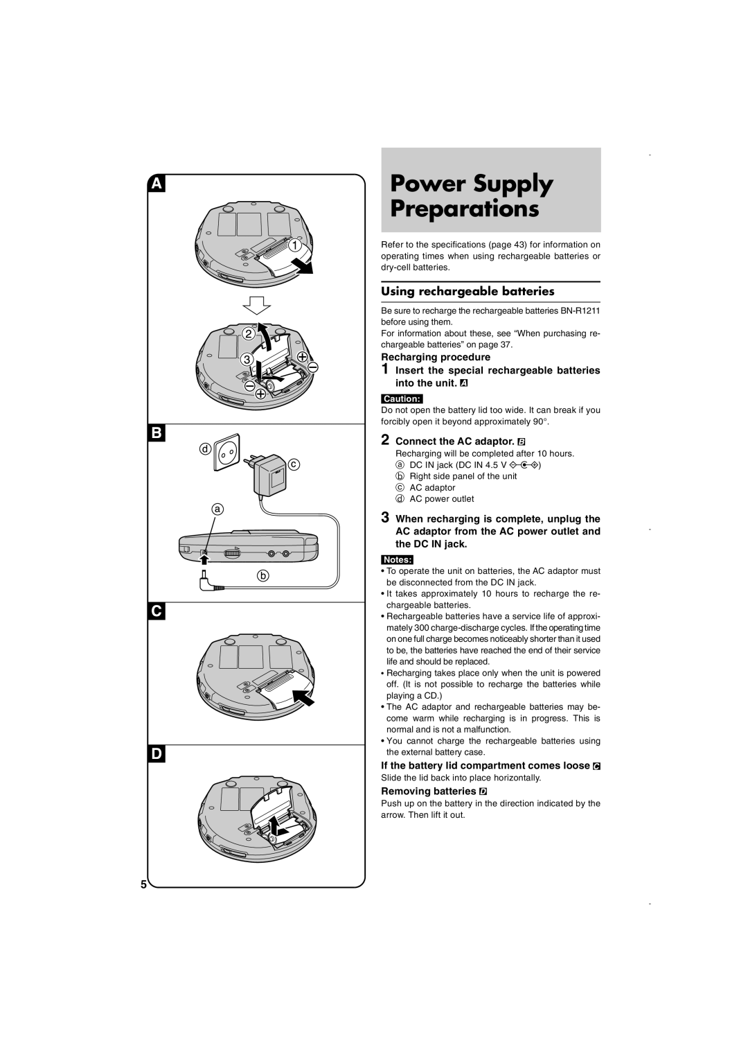 JVC XL-PM30SL Power Supply Preparations, Using rechargeable batteries, Connect the AC adaptor, Removing batteries 