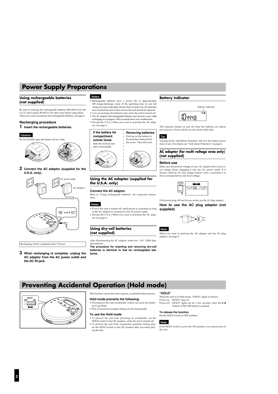 JVC XL-PR1BK manual Power Supply Preparations, Preventing Accidental Operation Hold mode, Recharging procedure 