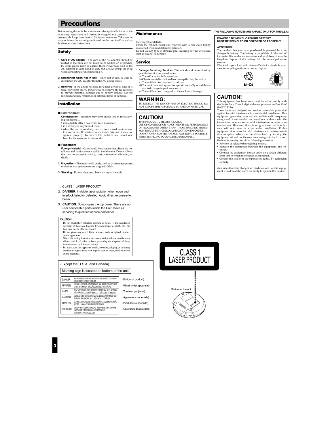 JVC XL-PR1BK manual Precautions, Safety, Installation, Maintenance, Service 