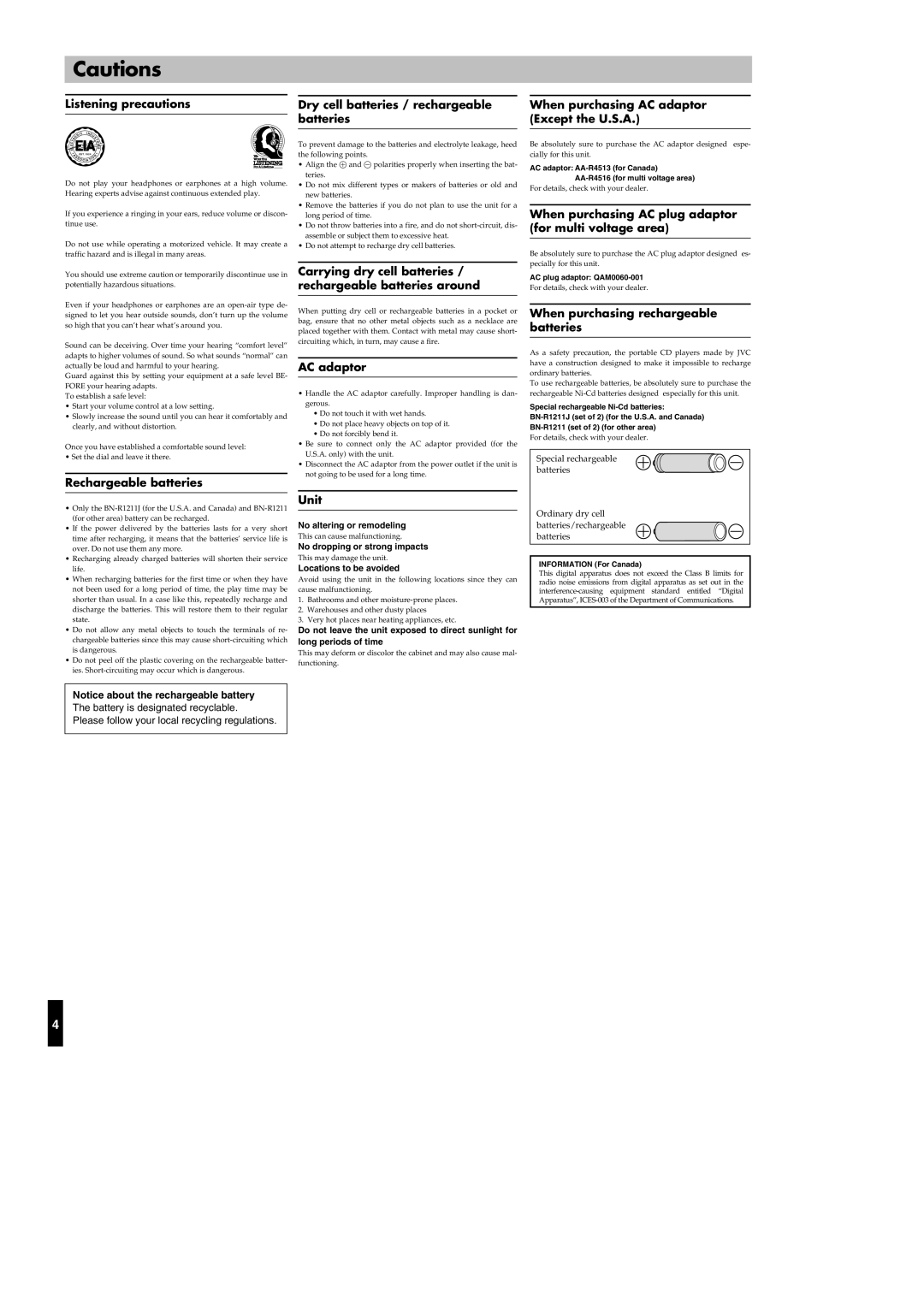 JVC XL-PR1BK Listening precautions, Rechargeable batteries, Dry cell batteries / rechargeable batteries, AC adaptor, Unit 