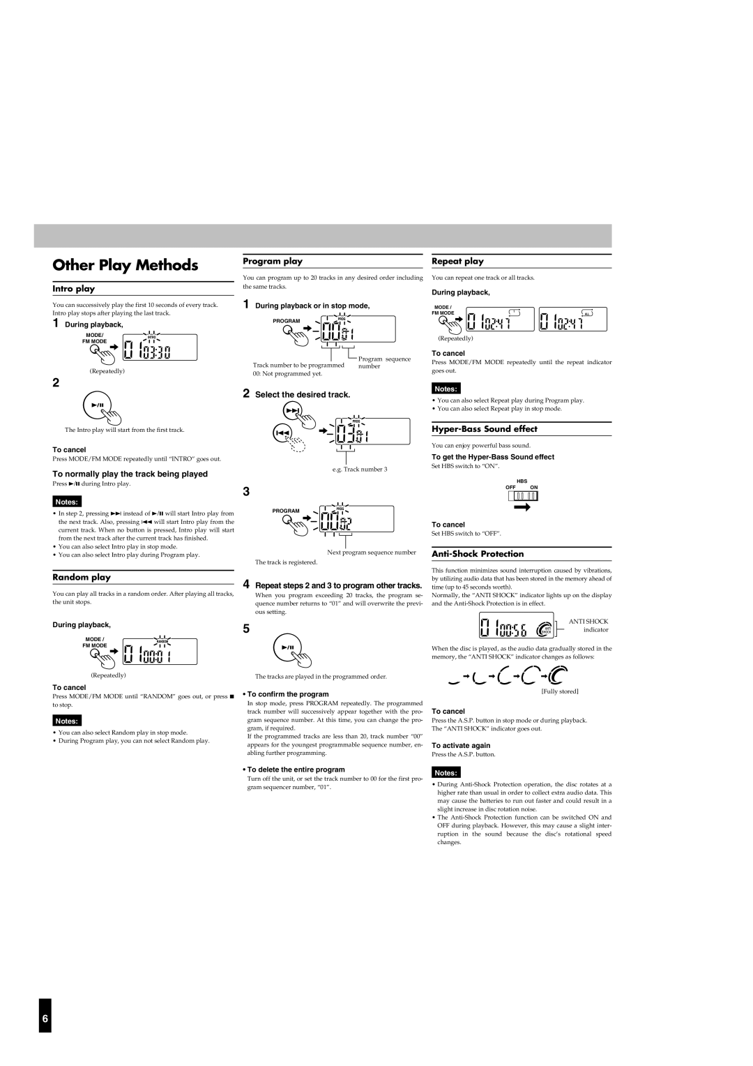 JVC XL-PR1BK Other Play Methods, Intro play, Program play, Hyper-Bass Sound effect, Anti-Shock Protection Random play 