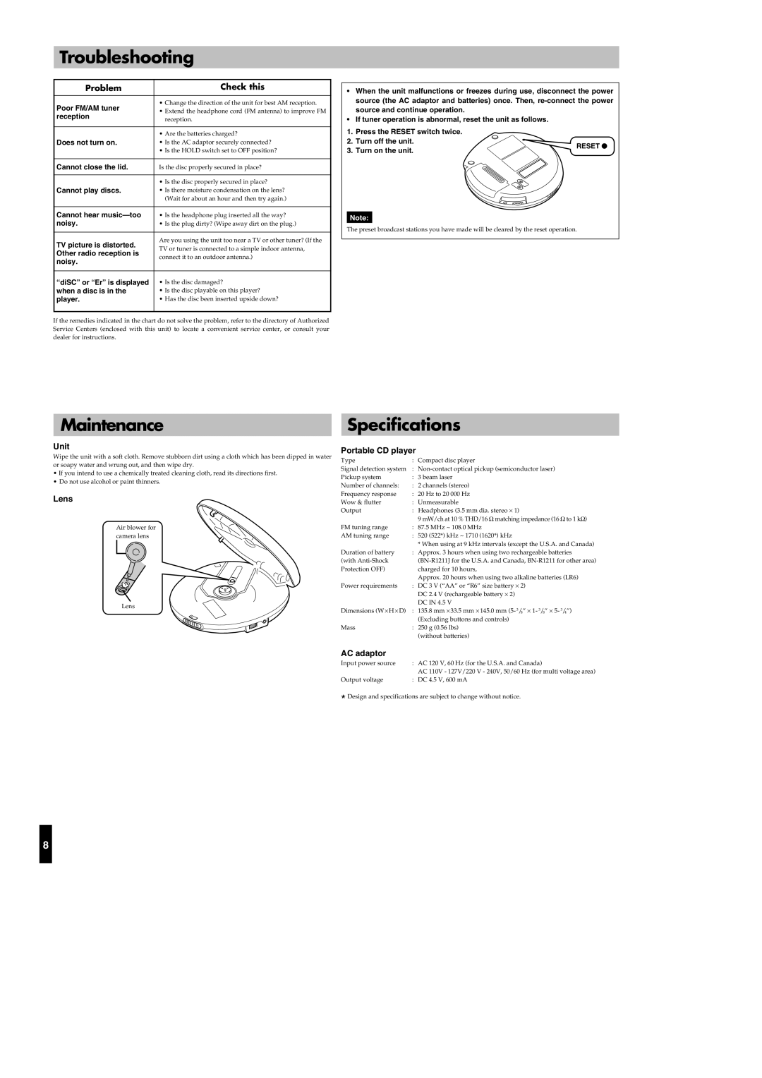 JVC XL-PR1BK manual Troubleshooting, Maintenance, Specifications, Problem Check this 