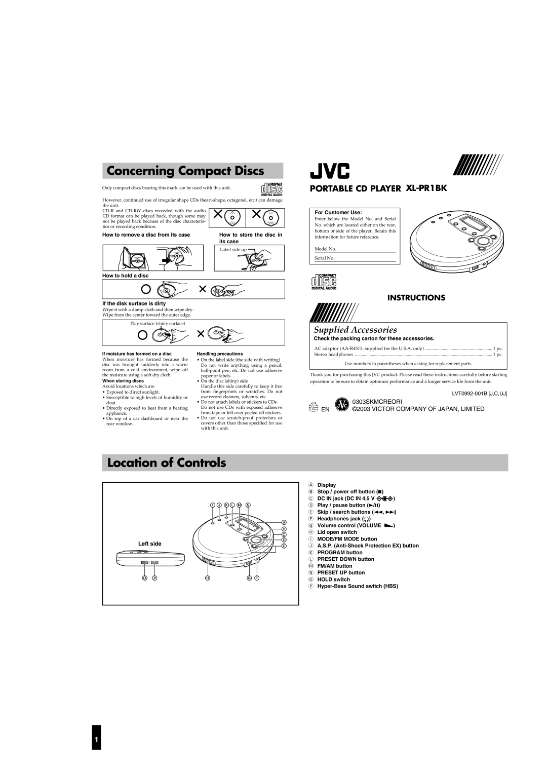 JVC XL-PR1BK manual Concerning Compact Discs, Location of Controls, 0303SKMCREORI, Victor Company Of Japan, Limited 