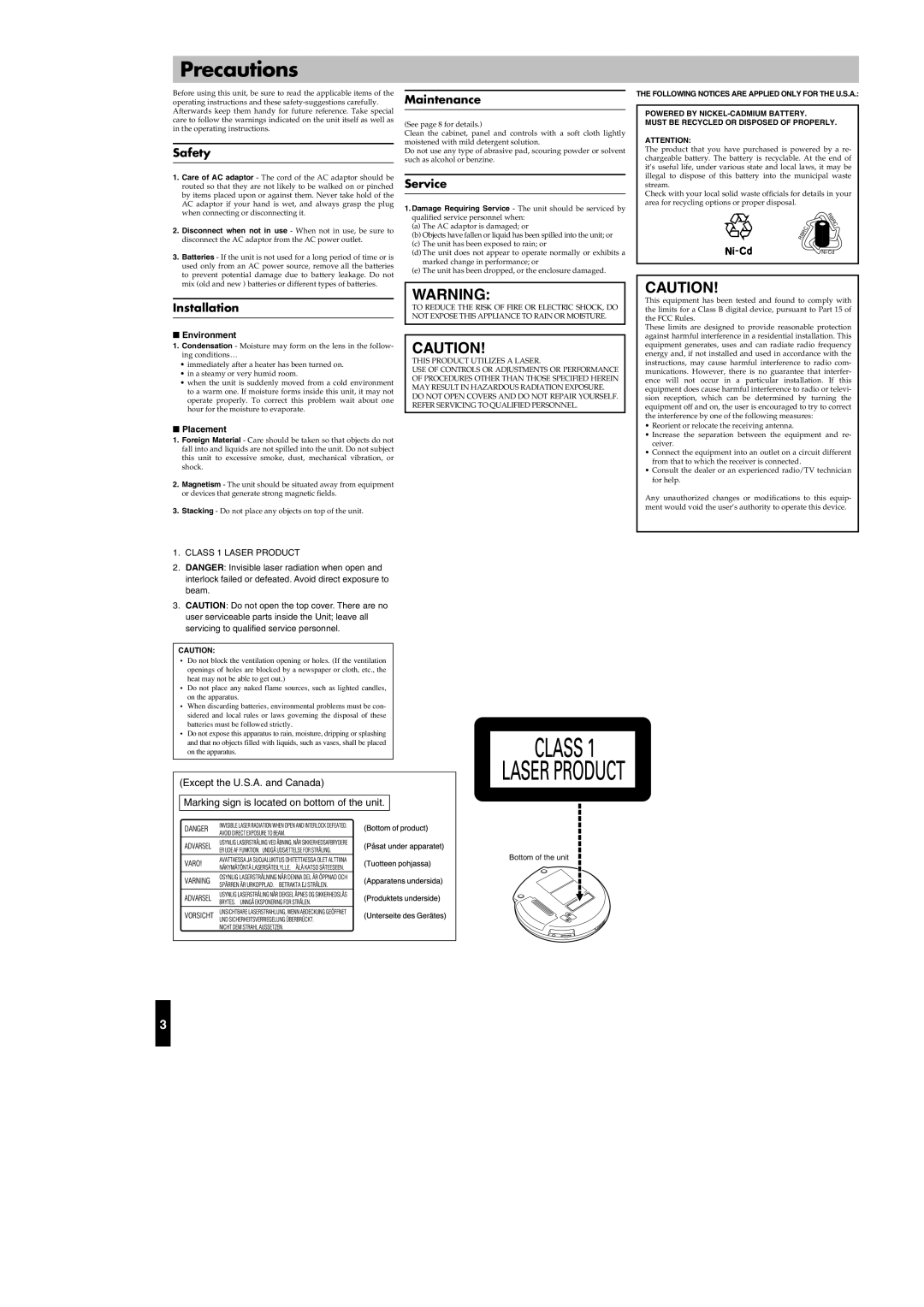 JVC XL-PR1BK manual Precautions, Safety, Installation, Maintenance, Service, Except the U.S.A. and Canada 
