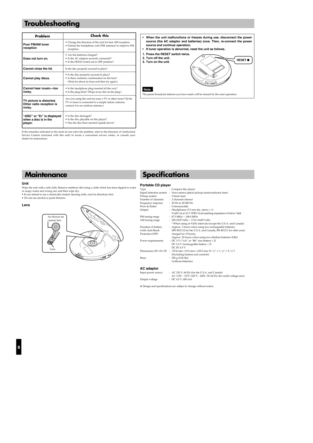 JVC XL-PR1BK manual Troubleshooting, Maintenance, Specifications, Problem, Check this 