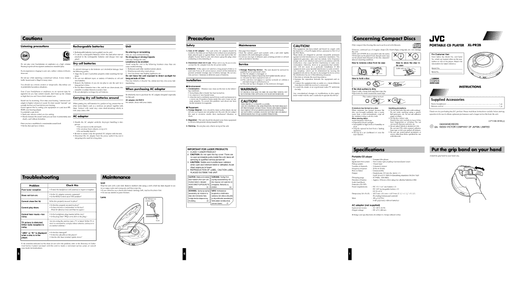 JVC XL-PR2B specifications Precautions, Concerning Compact Discs, Troubleshooting, Maintenance, Specifications 