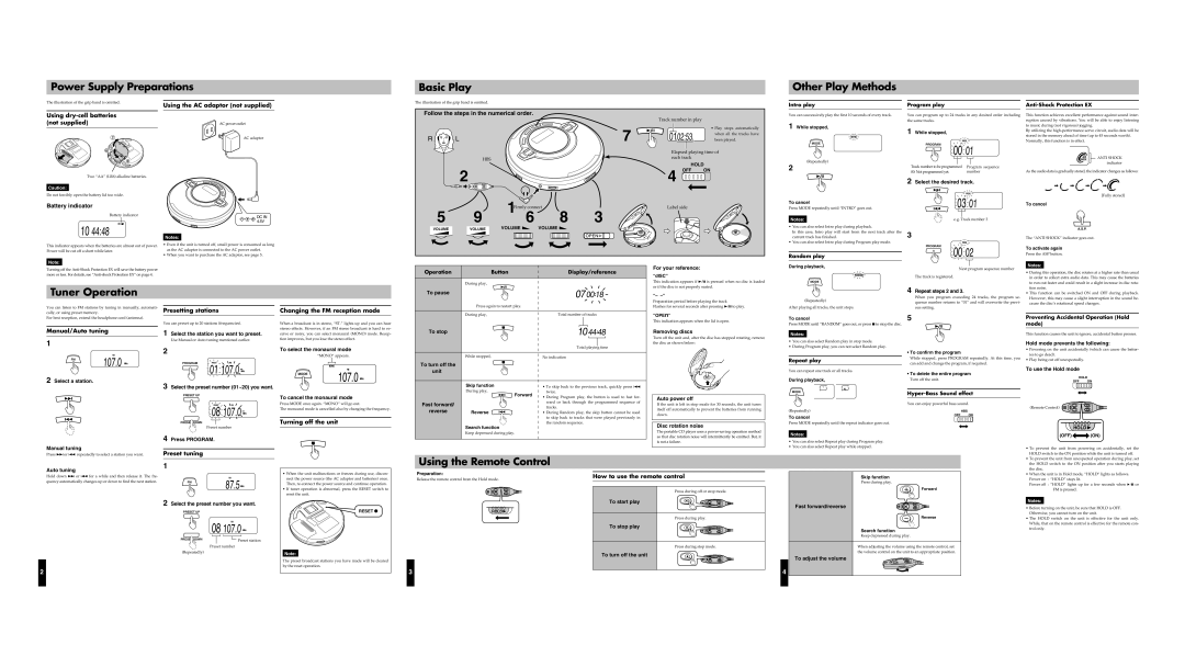 JVC XL-PR2B Power Supply Preparations Basic Play Other Play Methods, Tuner Operation, Using the Remote Control 