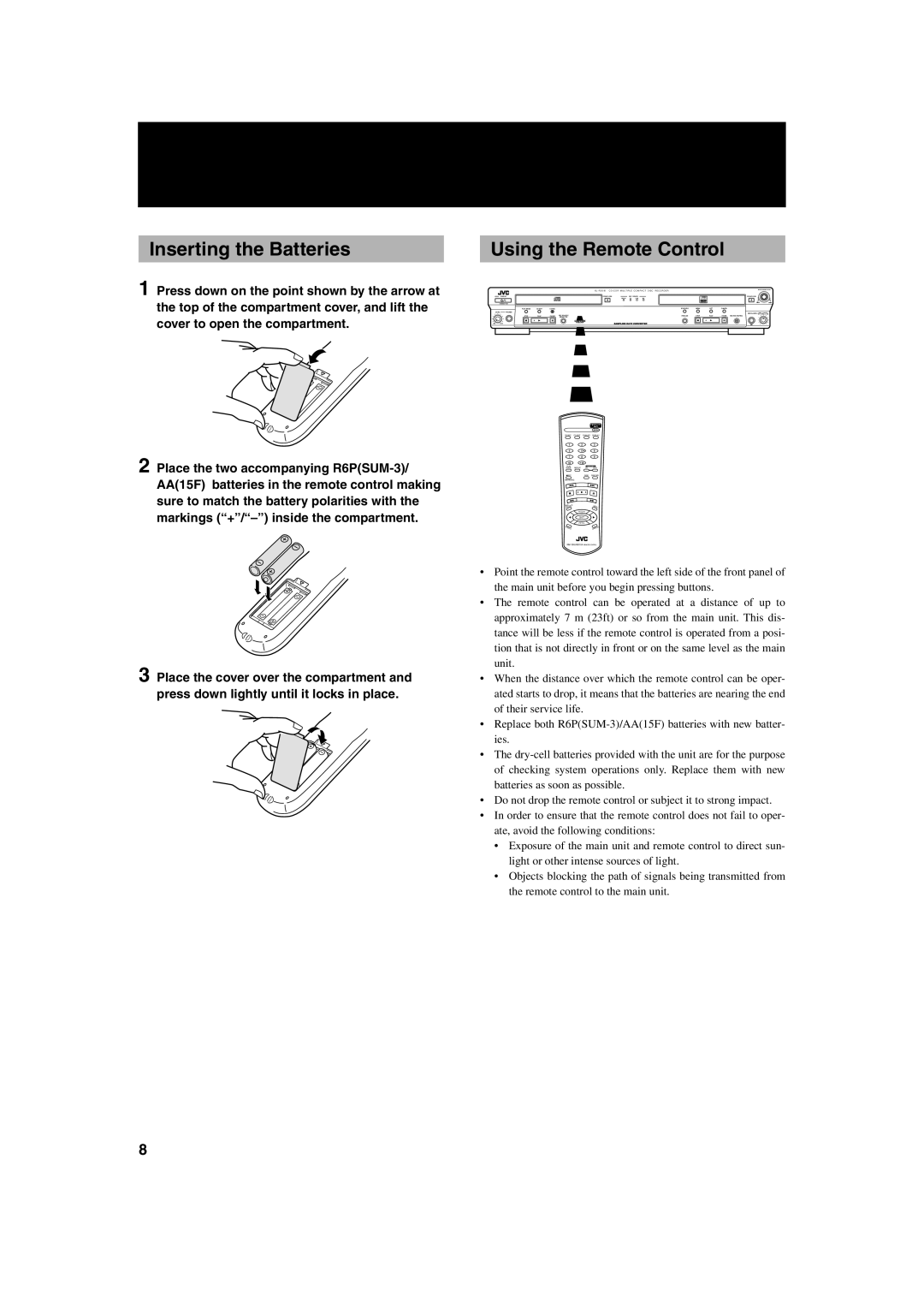 JVC XL-R2010BK manual Inserting the Batteries, Using the Remote Control 