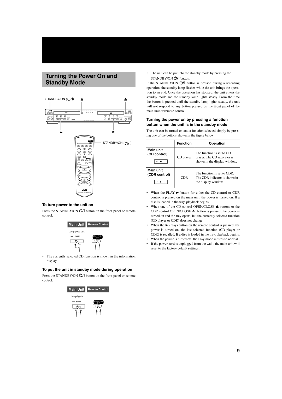 JVC XL-R2010BK manual Turning the Power On and Standby Mode, To turn power to the unit on 