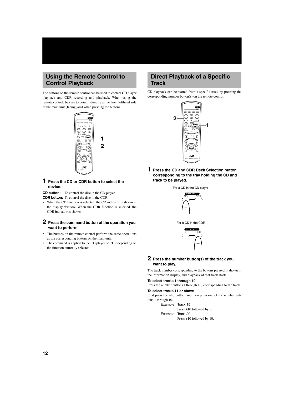 JVC XL-R2010BK manual Using the Remote Control to Control Playback, Direct Playback of a Specific Track 