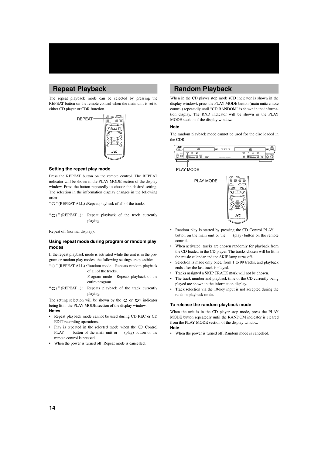 JVC XL-R2010BK manual Repeat Playback, Random Playback, Setting the repeat play mode, To release the random playback mode 