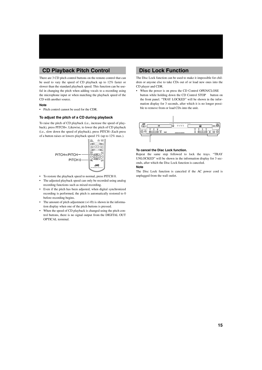 JVC XL-R2010BK manual CD Playback Pitch Control, Disc Lock Function, To adjust the pitch of a CD during playback 