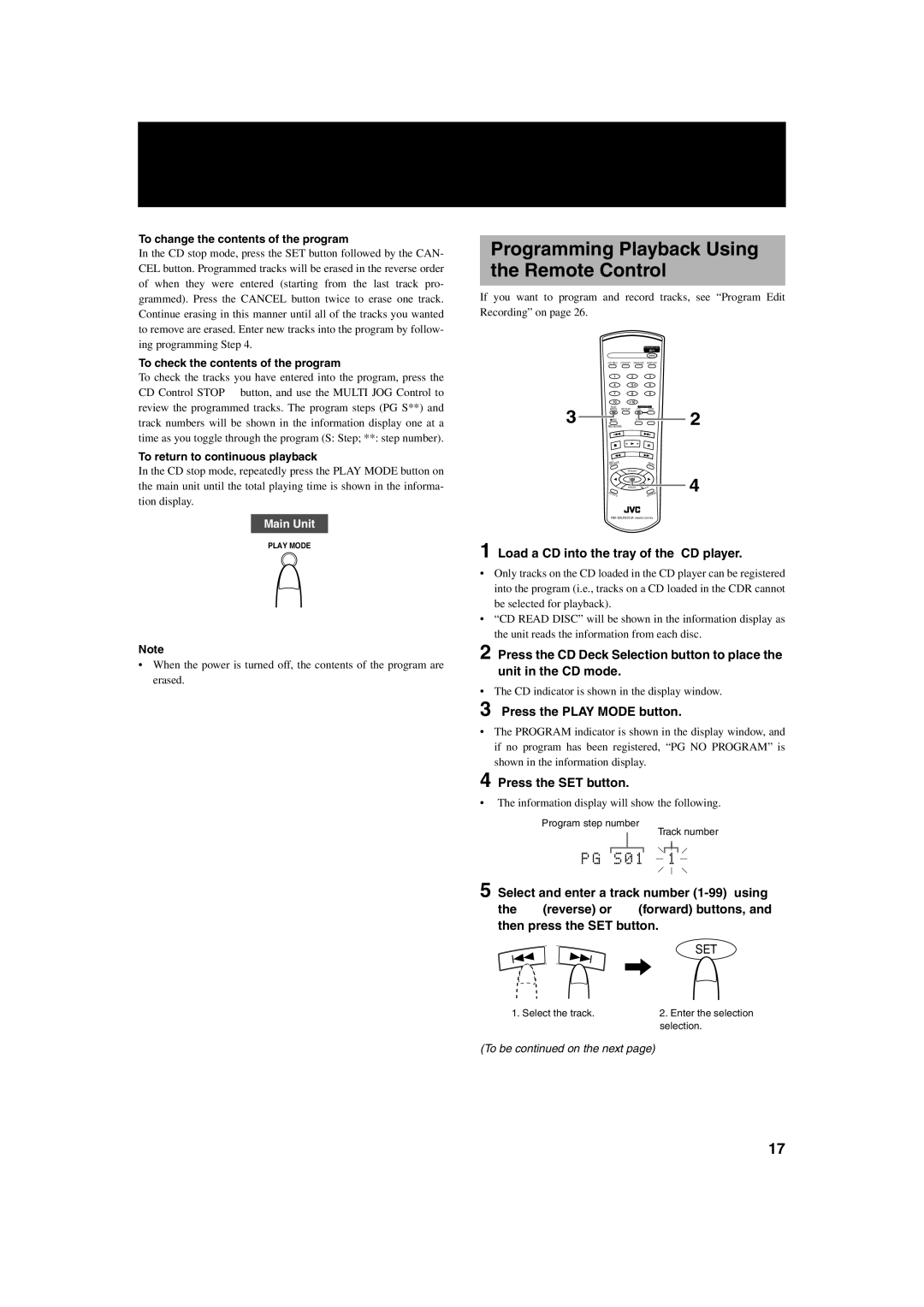 JVC XL-R2010BK manual Programming Playback Using the Remote Control, Press the Play Mode button, Press the SET button 