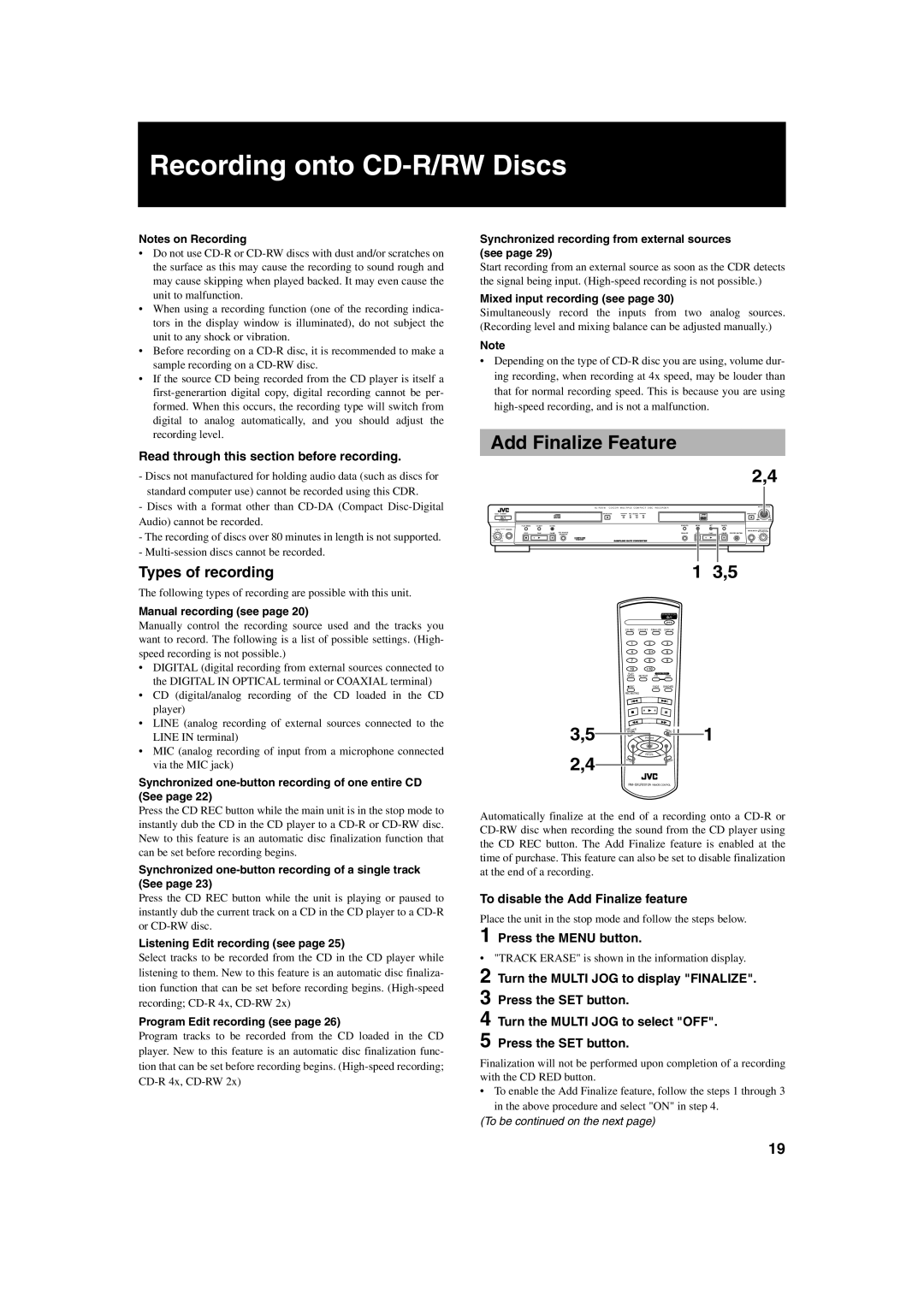 JVC XL-R2010BK manual Recording onto CD-R/RW Discs, Add Finalize Feature, Read through this section before recording 