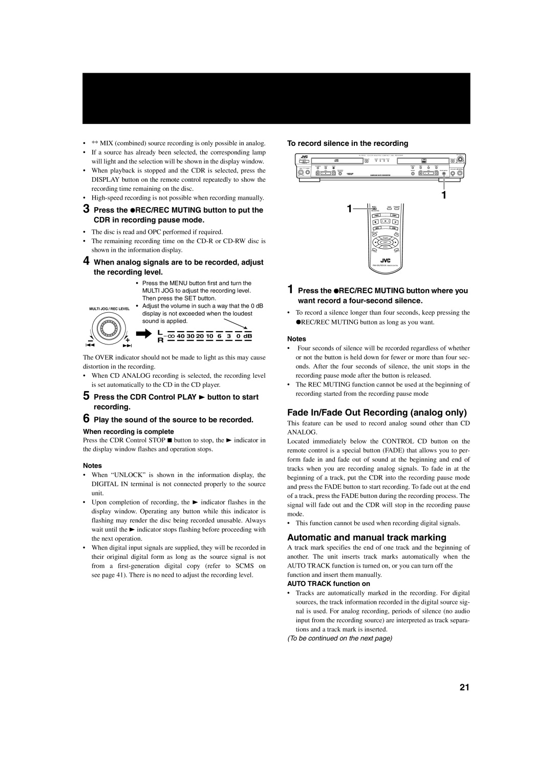 JVC XL-R2010BK manual When recording is complete, Auto Track function on 