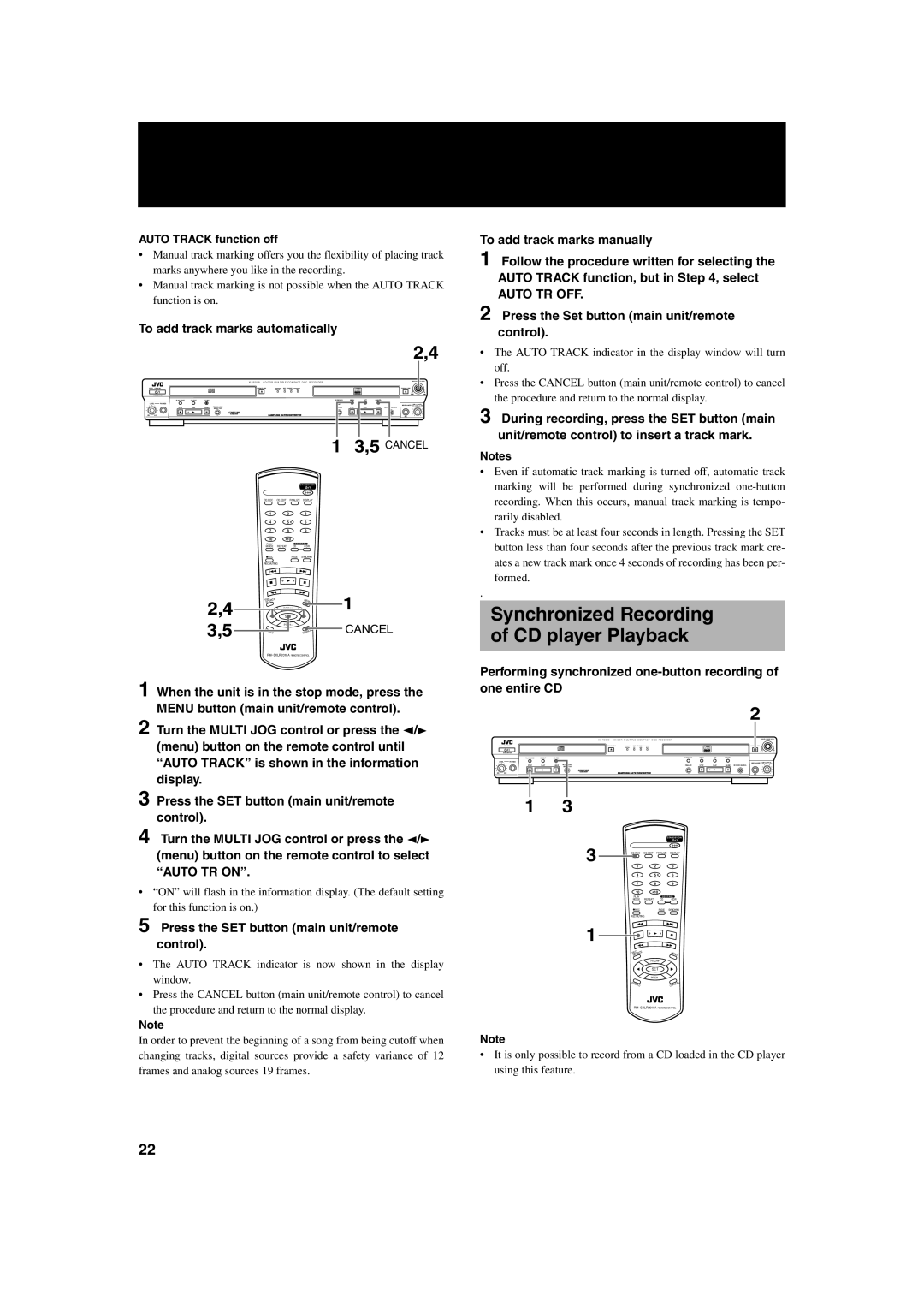 JVC XL-R2010BK Synchronized Recording of CD player Playback, To add track marks automatically, Auto Track function off 