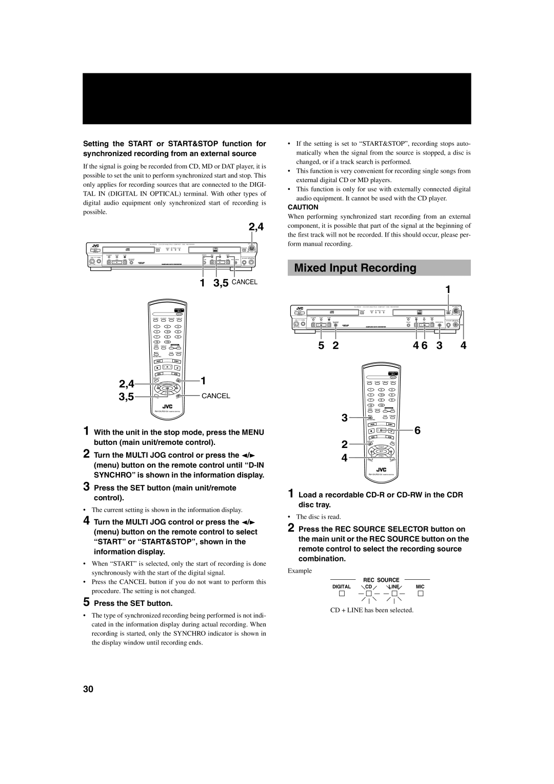 JVC XL-R2010BK manual Mixed Input Recording, Load a recordable CD-R or CD-RW in the CDR disc tray, Example 